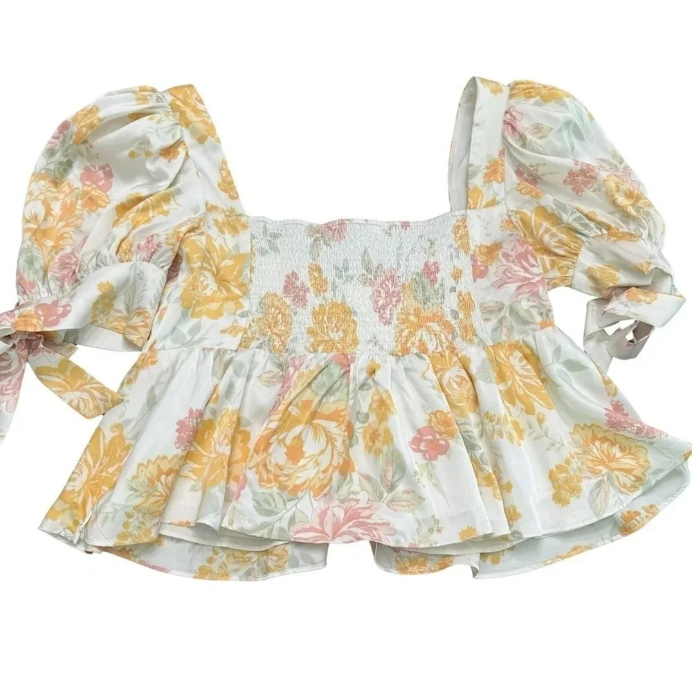 WAYF peasant floral Terry Top in yellow mini roses. Medium. - Picture 3 of 11